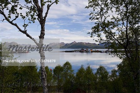 Kleinen Hafen in einem Fjord in der Nähe von Sortland Dorf, Langoya Insel, Inselgruppe Vesteralen, Troms Nordland in Norwegen, Skandinavien, Europa