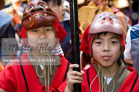 Boys wearing costume while participating in the Shunki Reitaisai festival in Nikko, Tochigi, Japan, Asia