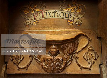 Heraldic angel misericord, St. Davids Cathedral interior, Pembrokeshire National Park, Wales, United Kingdom, Europe