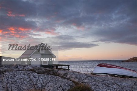 Hut on Shoreline at Sunrise, Bohuslaen, Vastra Gotaland County, Gotaland, Sweden