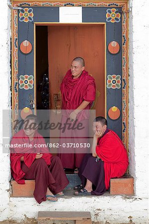 Monks at the Simtokha Dzong in Bhutan. Built in 1629 by Zhabdrung Ngawang Namgyal, who unified Bhutan.