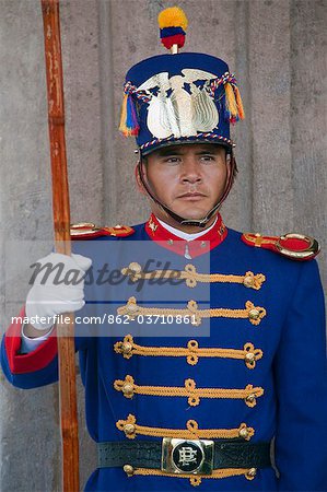 Ecuador, Ceremonial guard, granaderos, at the entrance to Palacio de Gobierno in the Old City, Quito.