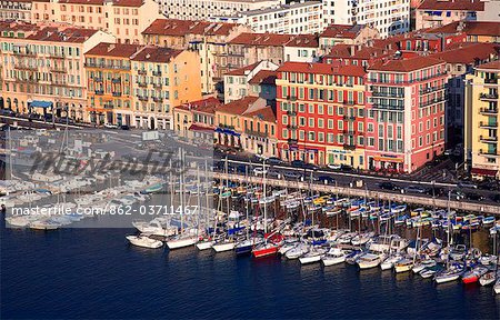 France, Cote D'Azur, Nice; Yachts in the Bassin du Commerce seen from the Parc du Chateau