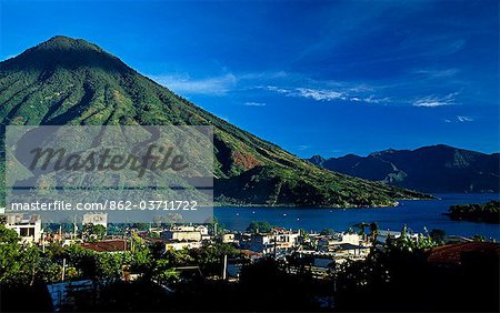 View of Lake Atitlan and Atitlan volcano from the town of San Lucas. The Lake is Approx 15 sq Kms and parts of it reach 300meters deep. The 13 villages on the shores retain a distinctly Mayan atmosphere.