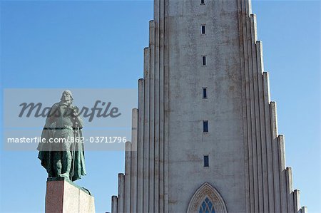 Iceland,Reykjavik. Hallgrimskirkja built to resemble a mountain of basaltic lava,the national cathedral is graced on its front,city facing,by a statue of the warrior Leifur Eriksson the discoverer of Vinland - modern day America.