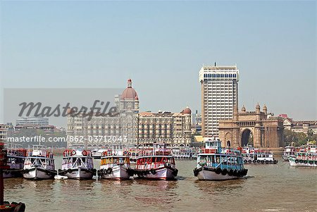 India,Mumbai,Bombay,India Gate. Bombay harbour looking towards India Gate and the Taj Mahal Hotel.