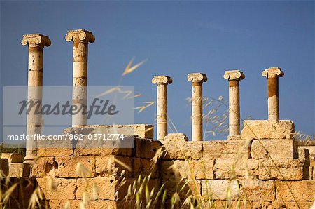 Libya; Tripolitania; Khums; Columns in the well preserved city of Leptis Magna.