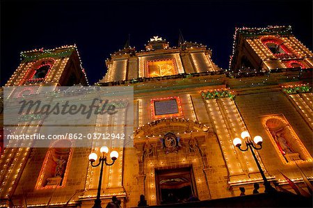 Europe, Malta, Vittoriosa; The Parish Church decorated for the feast of the patron, St. Lawrence