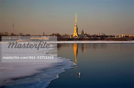 Russia, St.Petersburg; The Pointed bell tower of St.Peter's and St.Paul's Cathedral where the last of the Romanovs are buried.