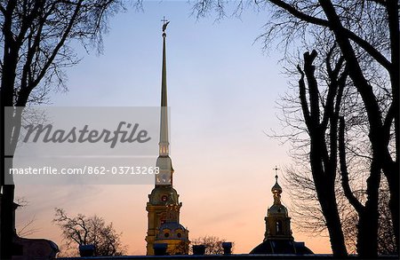 Russia, St.Petersburg; The pointed bell tower on the St.Peter's and St.Paul's Cathedral on the Fort dedicated to the saints.