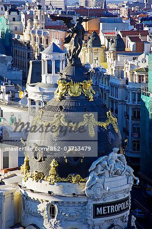 Detail of Metropolis building in Gran Via avenue in Madrid, Spain, Europe.