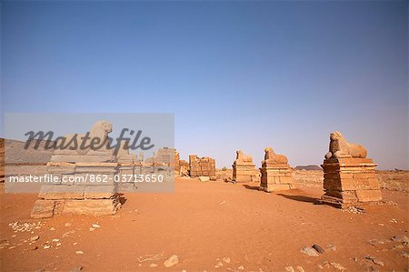 Sudan, Nagaa. Statues of sheep form an avenue to the ruins at Nagaa.