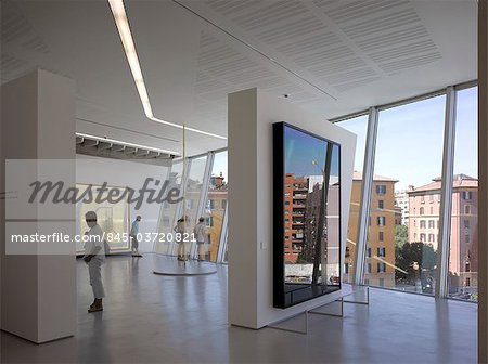 The MAXXI, National Museum of 21st Century Arts, Rome. gallery with view out to city of Rome. Architects: Zaha Hadid Architects