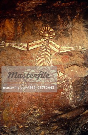 Australia, Northern Territory, Kakadu NP. The Anbangbang Shelter at Nourlangie Rock, a fearsome spirit painted by Nayombolmi.