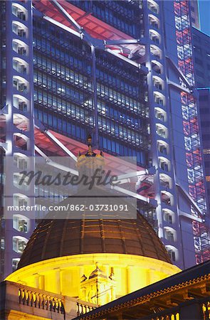 Legislative Council and HSBC buildings at dusk, Central, Hong Kong, China