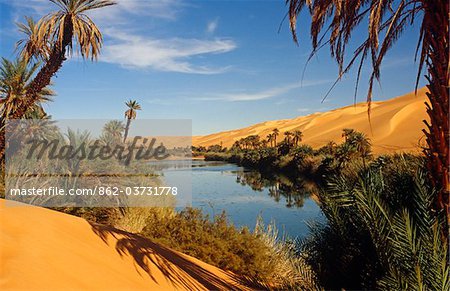 Libya, Fezzan, Edeyen Ubari, nr Ubari. The Dawada (aka Ramla) Lakes comprise several oasis pools such as Um al Ma