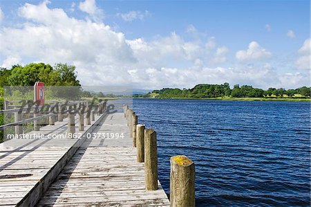 Northern Ireland, Fermanagh, Enniskillen. View along the waterway that joins Upper and Lower Lough Erne from a jetty.
