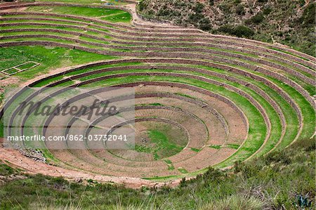 Peru. The fascinating, deep amphitheatre-like terracing at Moray was built by the Incas around 1400. It is believed to have been used as an experimental agricultural site because each layer of concentric terraces has its own microclimate.