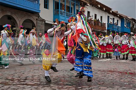 Peru, Masked dancers for parade on Christmas Day in Cusco s square, Plaza de Armas, celebrating the Andean Baby Jesus, Nino Manuelito.