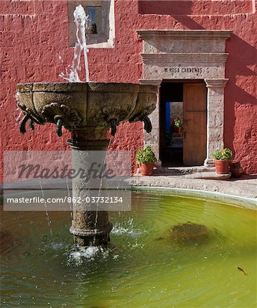 Peru, A granite fountain in a courtyard of the magnificent Santa Catalina Convent, founded in 1580.