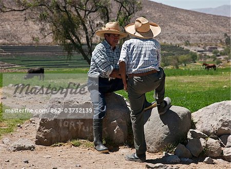 Peru, Two farmers in conversation beside the pre-Inca terracing which is fed by a network of irrigation channels, Arequipa.