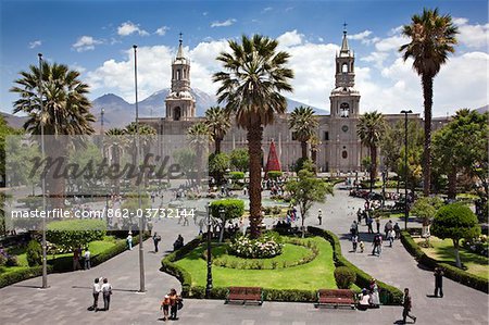 Peru, Arequipa Cathedral dominates the main square, Plaza de Armas. Built with sillar, a stone mined from the extinct Chachani volcano.