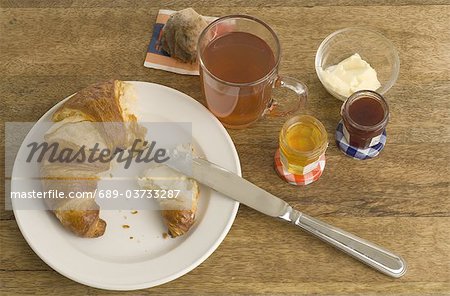 Frühstück mit Croissant, Marmelade und Tee