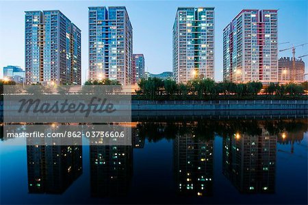 China, Beijing, Chaoyang, reflection of city skyline