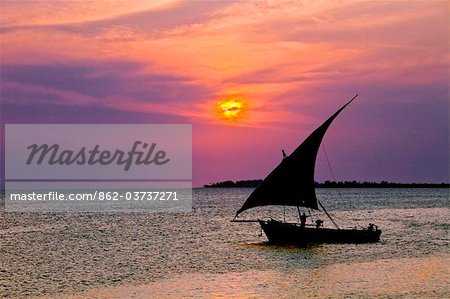 Tanzania, Zanzibar. A dhow sails back to Zanzibar harbour at sunset.