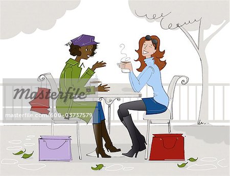 Illustration of Two Women Having Coffee at a Cafe