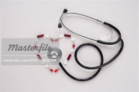 Pills in Heart Shape with Stethoscope