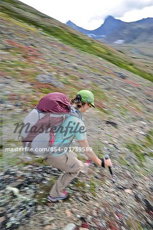 Female backpacker hiking to Ptarmigan Pass, Chugach State Park, Southcentral Alaska, Summer