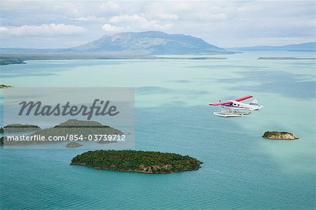 Aerial view of floatplane flying over Bristol Bay near Crystal Creek Lodge, King Salmon, Southwest Alaska, Summer