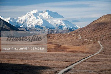 View of Mt. McKinley from Stony Hill Overlook with Park Road in foreground, Denali National Park and Preserve, Interior Alaska, Fall