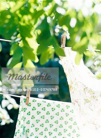 Clothes drying on a clothes line.