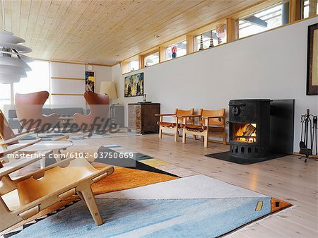Interior from a designed living room with a fireplace.