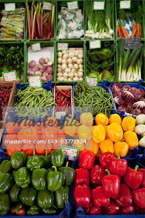 Various peppers shown on a market