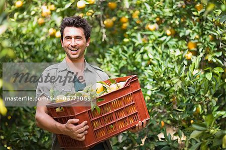 Mann mit eine Box mit Orangen