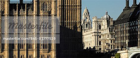Panoramic view of the palace of Westminster, whitehall and portcullis house, London. Architects: Sir Charles Barry and A.W Pugin.
