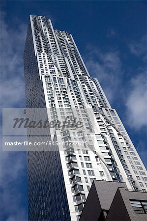 Worms eye view of Beekman Tower, Lower Manhattan, New York. High-Rise mixed use. Architects: Gehry Partners LLP