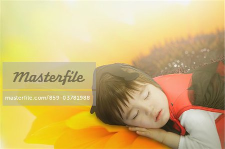 Garçon habillé en dormant sur fleur de coccinelle