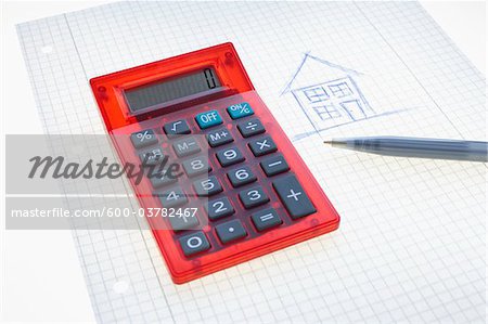 Calculator, Pen, Graph Paper and Drawing of House