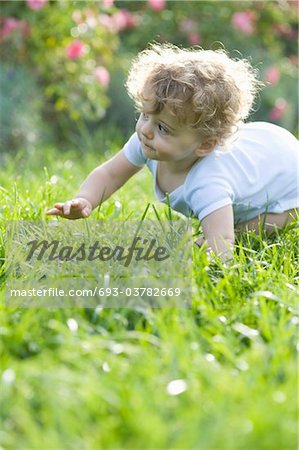Young child crawling across grass with a flower bush in the background
