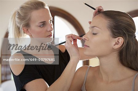 Makeup artist applying eyeliner to model