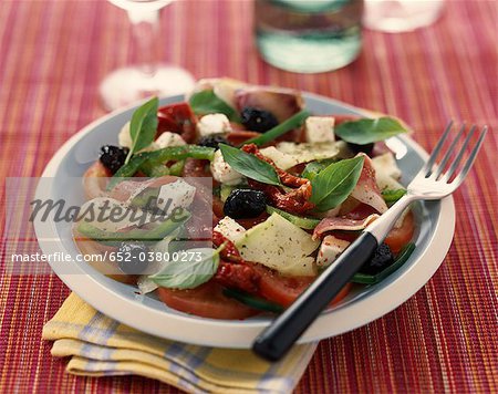 Basil, feta, olive, ham, dried tomato and cucumber salad