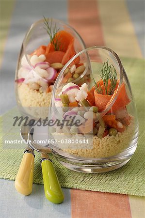 Verrine of fresh vegetables and smoked salmon