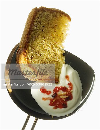 Walnut cake with fromage blanc and strawberry puree Walnut cake with fromage blanc and strawberry puree