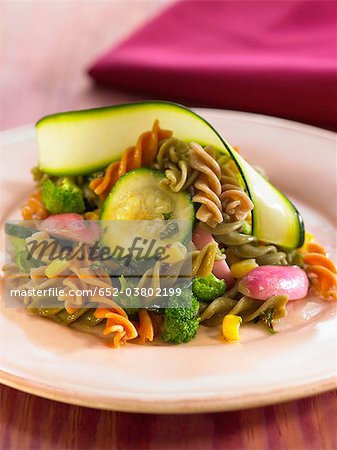 Three-colored pasta and vegetable salad