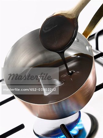 Melting dark chocolate in a copper saucepan