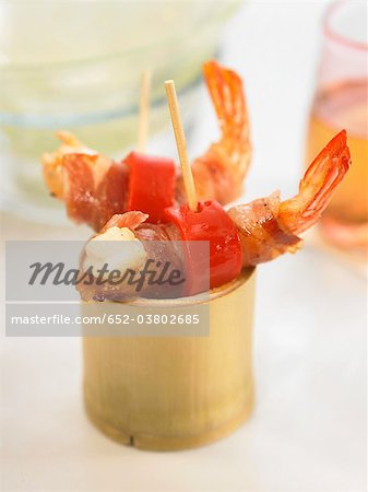 Shrimp,bacon and red pepper mini skewers